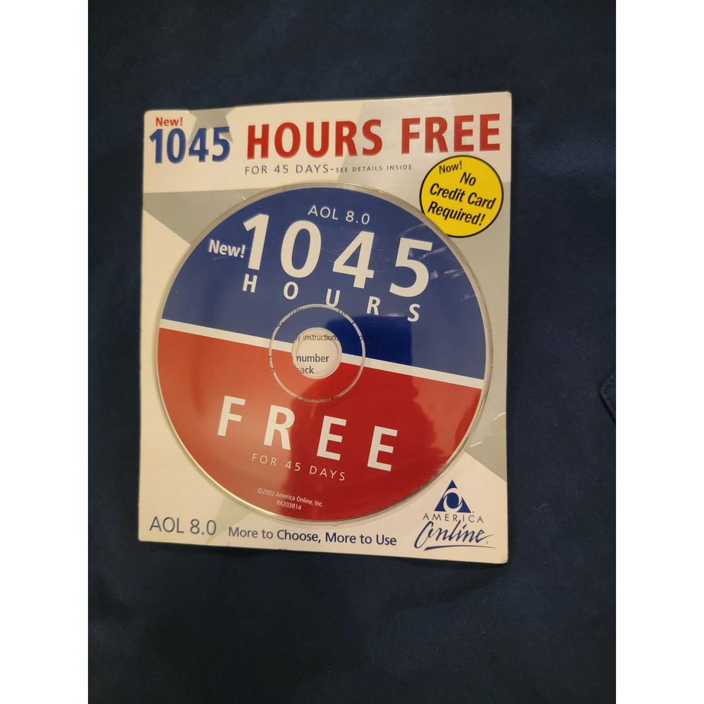 Vintage AOL 8.0 America Online 1045 Hours Free Installation CD ROM 2002 PA203R14